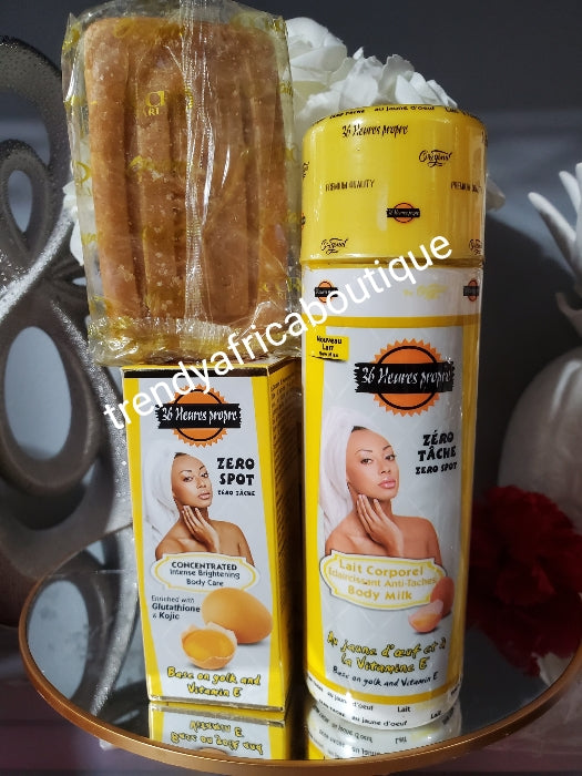 3pc set of zero tache 36 heures propre, ecclaircissant 1 body Lotion, intense serum 60ml + exfoliating soap Formulated with egg yolk and vitamins
