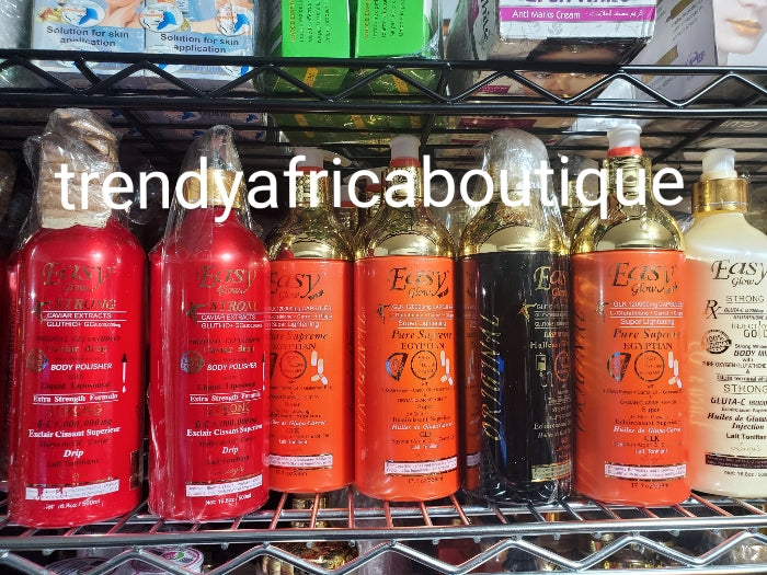 3pcs combo: Authentic Easy Glow strong lightening, glowing body lotion, shower gel & serum with L-Glutathion capsule and carrot extracts 3x skin glowing body