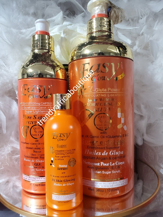 4pcs combo:  Authentic Easy Glow strong lightening, glowing body lotion, shower gel, serum, & the face cream with L-Glutathion capsule and carrot extracts 3x skin glowing body. 💯 Authentic