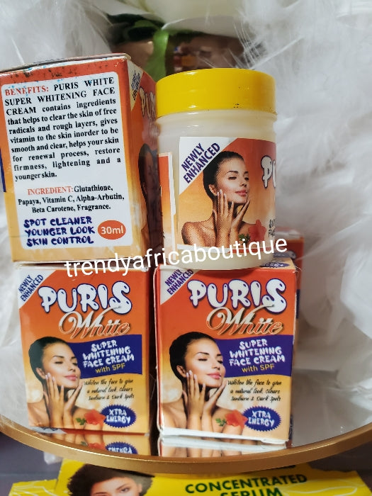 Another banga: x 2 jar. Puris White super whitening face cream with sun protection 30g x 2. Younger looking skin