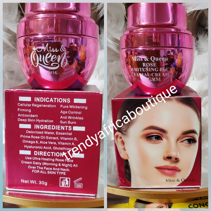 X 1 jar. Miss & queen Paris Whitening PLUS. 7days action. With ROSE oil extracts. Pure whitening and healing face cream. 30g