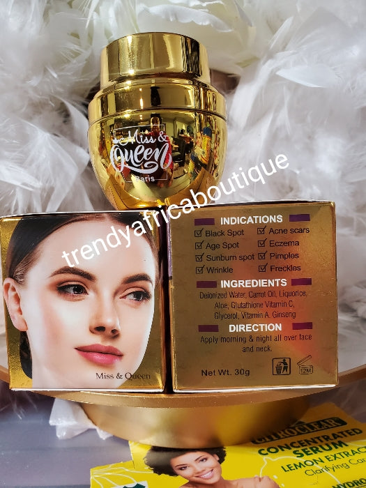 X 1 jar. Miss & queen Gold Exclusive intense whitening anti aging face cream 30g x 1. Glutathion, carrot & ginseng