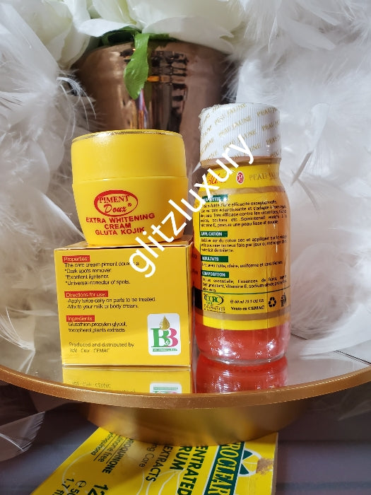 4pcs. Piment Doux extra whitening face cream 2 jar & 2 Peau jaune lotion Tonique purifying face cleanser, triple action 3 in 1 anti spots, anti ageing, anti wrinkles. Enriched with vitamin E
