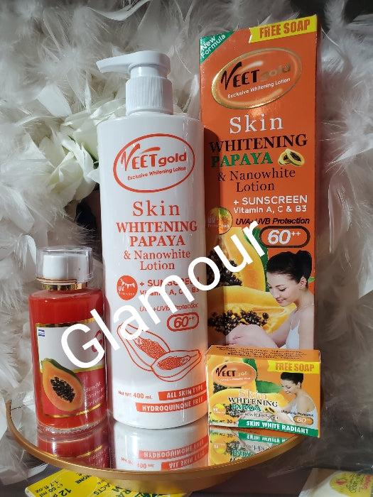 2pc. Set: Veet gold exclusive whitening body lotion, papaya & nano white spf 60 & glutathion & vit.C papaya serums👌.