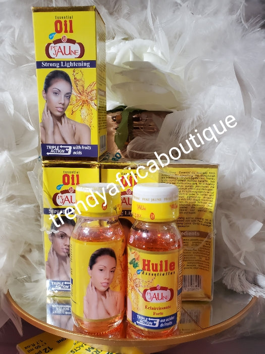 2 bottles: Peau Jaune triple action strong whitening oil. Anti stains and spots. 60ml each Mix into your body lotion, soap or body scrub.