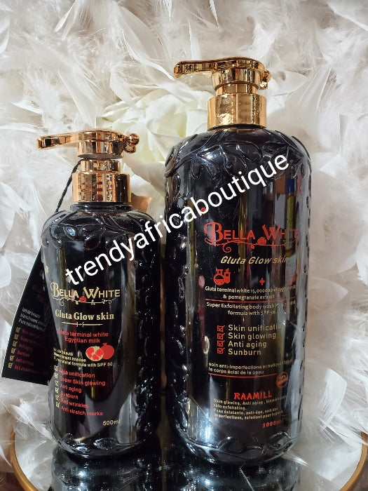 2pcs combo: Bella white Gluta Glow skin. terminal white body lotion swith egyptian milk,glutathion, & exfoliating shower gel with pomegranats,Pure natural formula with spf50.500ml skin unifying, anti aging, anti stretch marks, wrinkles,
