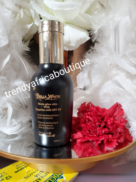 Another banka, Bella white Gluta Glow skin terminal white face & body serum, with egyptian milk skin glow & blemish care spf 30 100ml x 1