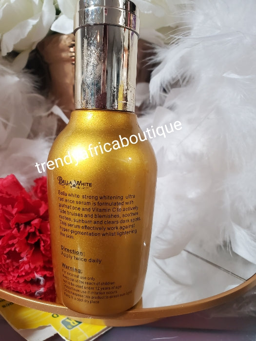 3pcs. Set: Bella white Gold bottle Strong whitening ultra radiance body lotion, serum and face cream with glutathione, glycolic extracts & Niacinamide spf 50.