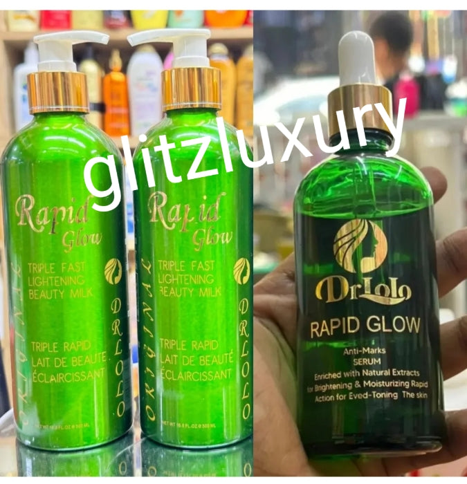 2pcs. New Banga: Dr. LOLO Rapid Glow triple fast lightening body milk ( lotion), & serum. Anti stretch marks, green veins, white dots.