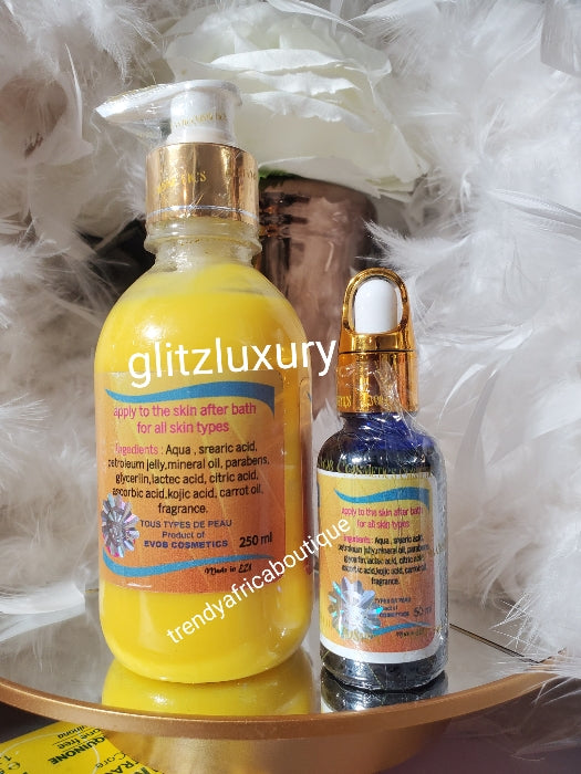 Another Banga lotion landed!!! 2pcs. EVOB Raw white, egg yolk xtra whitening body milk and serum/oil with Triple whitening formular: Glutathion, Alpha & kojic acid. Super effective