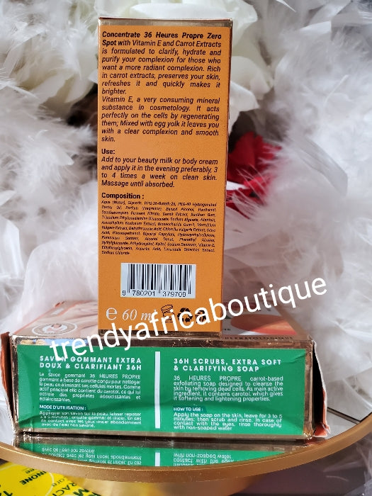 2pcs. zero tache carrot. 36 heures propre intense whitening serum/oil. & exfoliating soap with vitamins. Original in 60ml bottle x 1. Formulated with carrot & vitamin E.