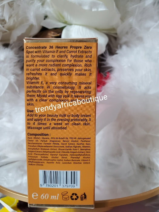 One bottle sale: 36 heures propre, zero tache/spots intense serum with carrot extracts & vitamin E. ORIGINAL formula 60ml x 1