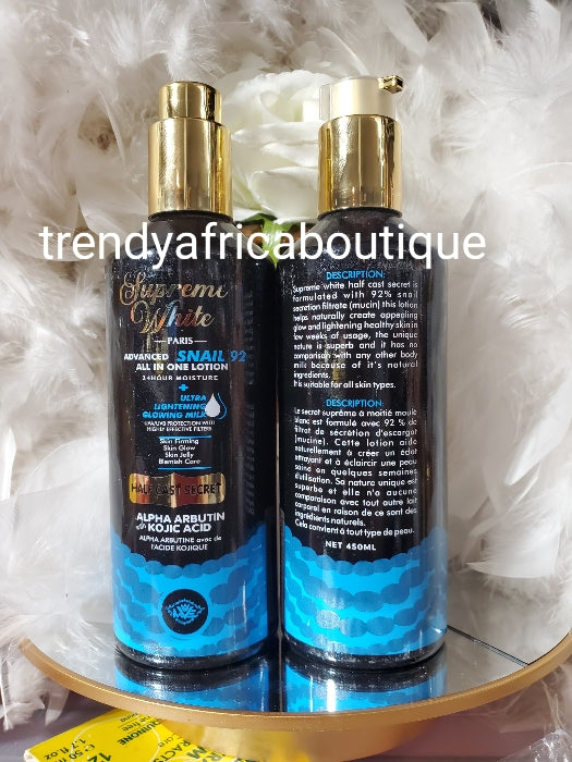 Another Bangar!! Supreme white paris advance snail 92 ALL in one half cast secret body lotion. Great for tired & damaged skin👌👌. 450ml x 1 .