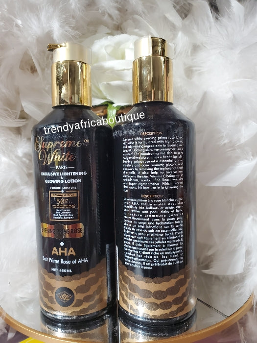 Another Bangar!! Supreme white paris Exclusive lightening & glowing body lotion. Spf 50. Skin corrector, firming, blemishes. Formulated with evening prime rose + AHA 450ml x 1remover