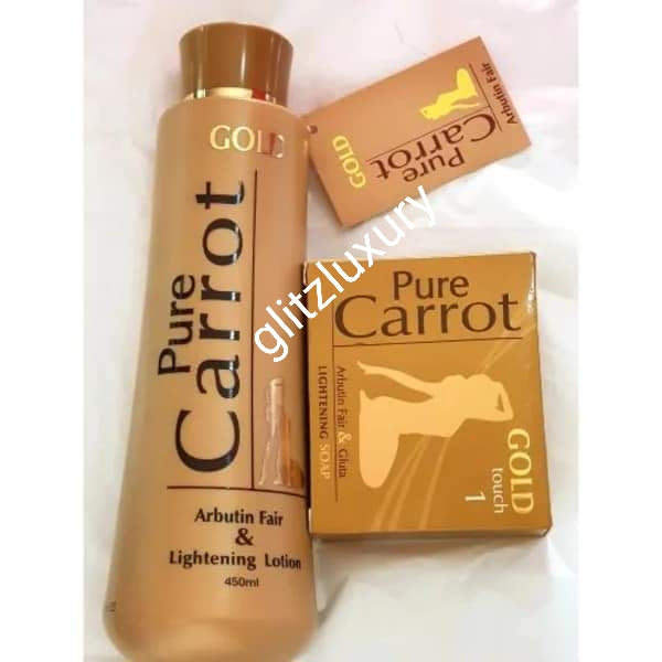 2pcs set: Pure Carrot Gold, Arbutin fair body lotion 450ml, and exfoliating soap for. all skin types.