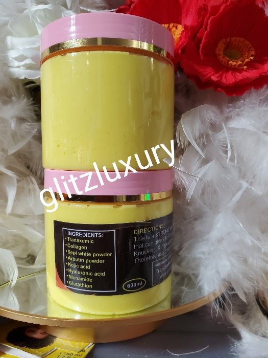 Breaking NEWS!!🔥 BANGA Glitzluxury Asian Halfcast whitening body cream 7X PLUS. FAST ACTION AGAINST Hyperpigmentation, dark knuckles, green veins, blemishes varicose veins. 7 to 10 Shades white 600g x 1 jar sale, 💯 ORGANIC