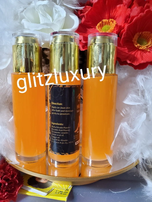 NEW PRODUCT ALERT: TOP QUALITY Glitzluxury HALFCAST oil Triple action moisturize, whitens and repairs your skin. 100mlx 1 bottle: Results in 5 to 7 days! Kojic dip, giga white powder, carrot oil & more. Super whitening 👌
