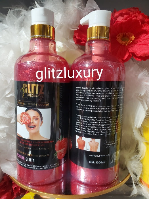 New product ALERT: Glitzluxury terminal white Secret. Double whitening & nourishing Booster shower gel. With albutin, glutathione, tomato extracts. 1000ml x 1 super effective 👌🔥🔥🔥