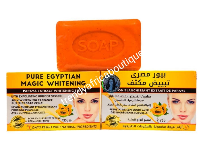 2pcs. New & improved Pure Egyptian magic whitening face & body lotion with egg yolk & L-Glutathion 300ml & exfoliating whitening Papaya soap. action