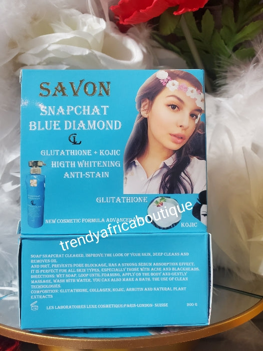 4pcs :Lait Snapchat diamant blue set of Lotion 500ml, Serum 120ml, best whitening anti spots face cream & soap formulated to keep you looking younger & spotless. .