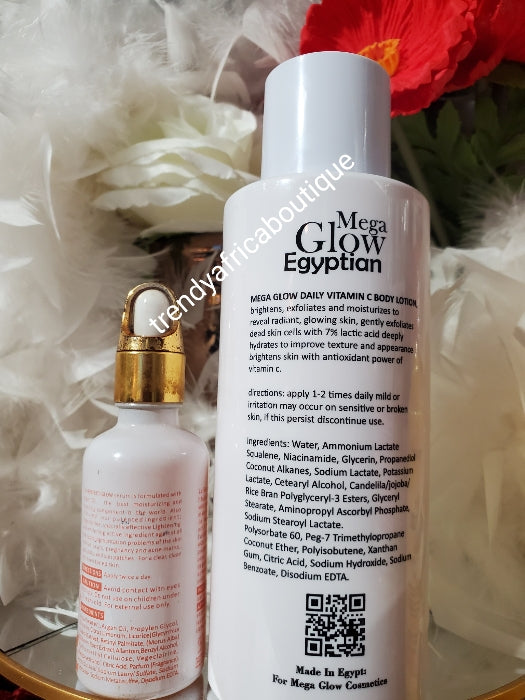 2pcs. Set: New products alert: Mega glow egyptian daily Vitamin C with Lactic acid. Brightening, exfoliating and hydrating body lotion and perfect glowing serum.👌