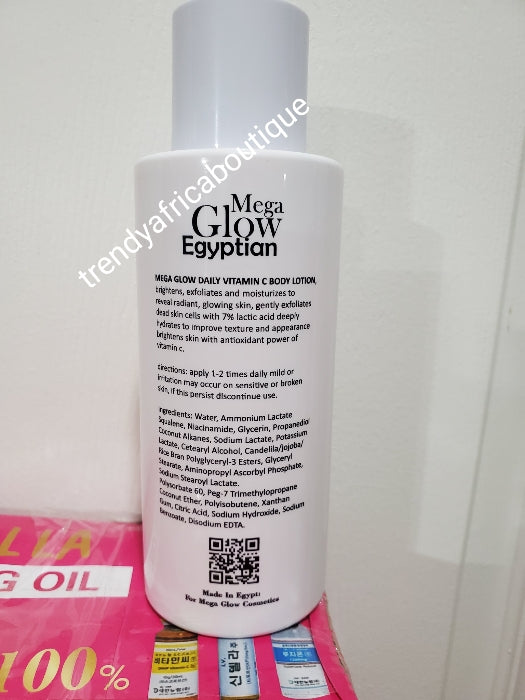 New products alert: Mega glow egyptian daily Vitamin C with Lactic acid. Brightening, exfoliating and hydrating body lotion. 400ml x 1👌