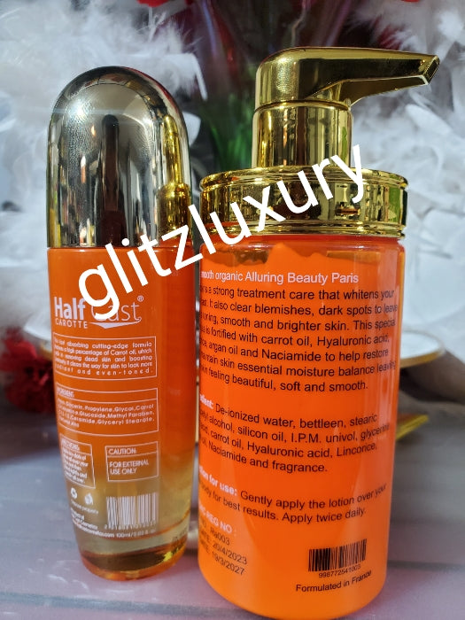 2pcs Perfect combo: SMOOTH ORGANIC ALLURING BEAUTY paris 5x carrot body lotion, New edition halfcast Carotte lightening serum