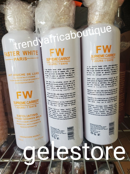 Another Banga: Faster white paris Supreme carrot exfoliating luxury shower milk with carotte 7 days action. Multi vitamin lightening shower gel. Carrot & Papaya extracts 👌