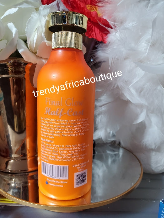 Final Glow half-cast carrot whitening body lotion with 💯 carrot for face and body. Spf 50. 500mlx 1. Super effective