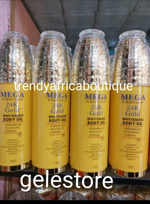 Another Banga body oil. Mega Halfcast 24k gold whitening body oil with glutathion, caviar & Albutin 100ml x 1. Rejuvenates the skin & clear blemishes 👌. Price is for one bottle