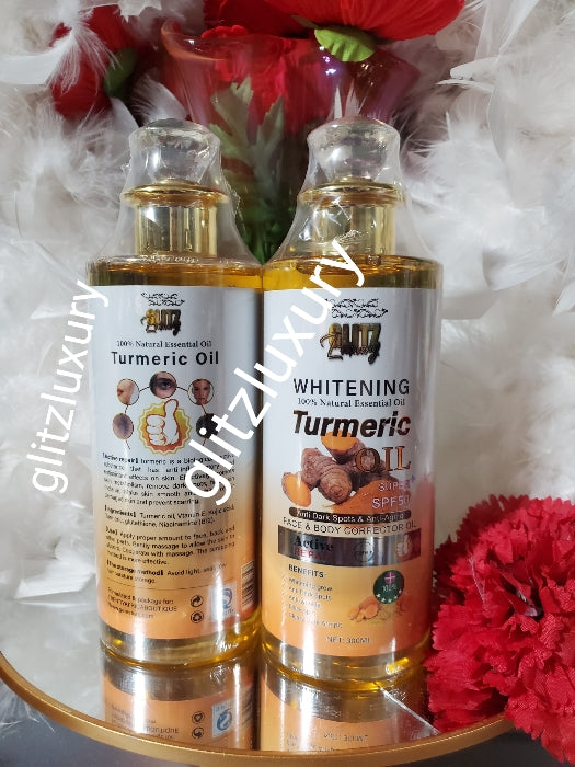 New product alert: Glitzluxury whitening turmeric oil. Active Repair & Glowing skin 7 days action. 300ml spf 50. Smell so good!!!👌 face & body, armpits, inner thighs 👌👌 💯 turmeric, Niacinamide, kojic acid, glutathione