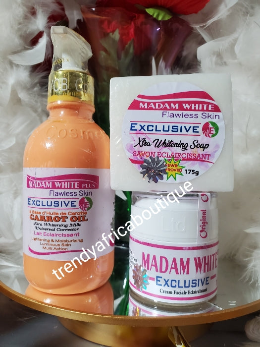 3pcs. Madam white flawless skin Exclusive carrot whitening, body milk, face cream & new madam white face soap 175g Anti pimples, acne treatment for all skin types