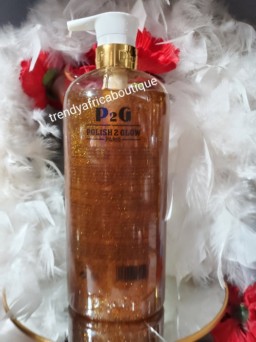 P2G (polish to Glow) Paris GOLD hautaufhellende und polierende Körperlotion mit Glutathion Anti Dehnungsstreifen und Narben. Körperlotion 500 ml + Peelingseife.