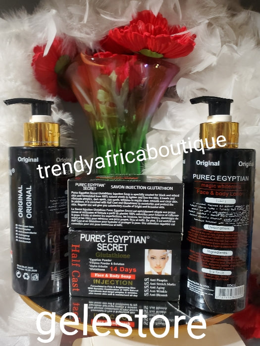 4pcs sale: 2 body lotion & 2 soap. Original PUREC EGYPTIAN MAGIC GOLD 3x Halfcast face & body lotion & soap spf40.