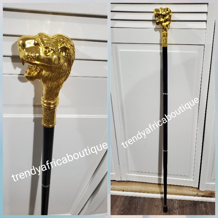 Sectional walking stick: Nigeria groom wedding walking stick hand crafted gold lion's head. Black/gold for groom, groom's men. 37" long from top to bottom. Nigerian Traditonal wedding accessories. Comes in a travel bag. Price is for one stick