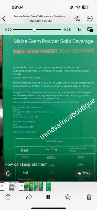 Sudoku maize Germ powder. Meal replacement solid beverage. Best supplements. 30 sachets per box. Price is for one box. Mix into 8oz water. Energy & health wellness drink 👌
