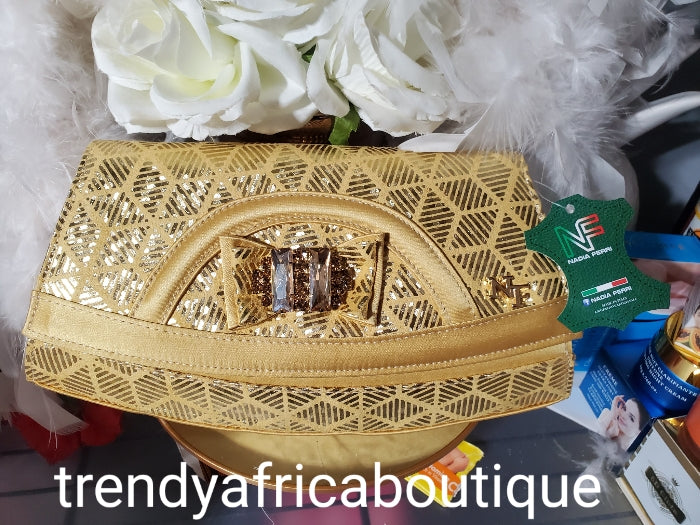 Europe size 38 GOLD ITALIAN shoe & bag set. Platform heal with matching stylish handbag embellished dazzling crystals. Comfortable and well balanced shoe. True to size. 4 inches platform heal. Shoe/bag. Nadia ferri made in Italy