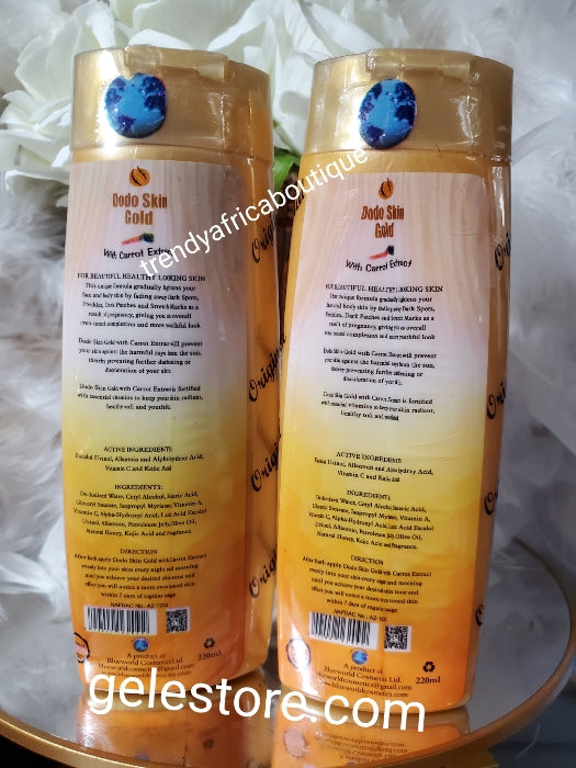 2pce; 220ml x 1 and serum. Dodo skin gold with carrot extract 7days white up. Lightening and moisturizing body lotion 400mlx1 big size (Copy)
