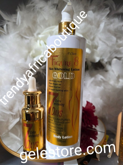 New Banga: 2pcs. Figure 8 Gold. 8 days extra whitening body lotion and serum. Kojic, argan oil & Niacinamide. Body corrector and glowing.
