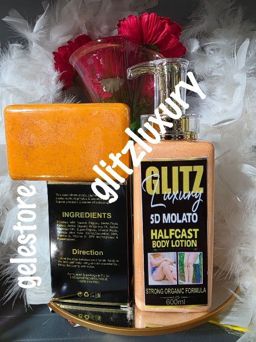 2pcs set: Glitzluxury 5D molato half-cast Body lotion 600ml PLUS Glitzluxury 10D Rich Aunty molato soap 600g. Strong whitening Repair Organic Formula. Organic NATURAL INGREDIENTS