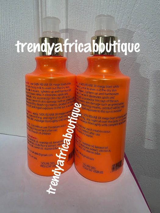 X 2 bottles sale: Skin Rehab 3x maga blast white illuminator triple action fast lighting, glowing and treatment body lotion with kenacol oil, glutathion extracts. 350ml 3 bottle. 7 days action with SPF60