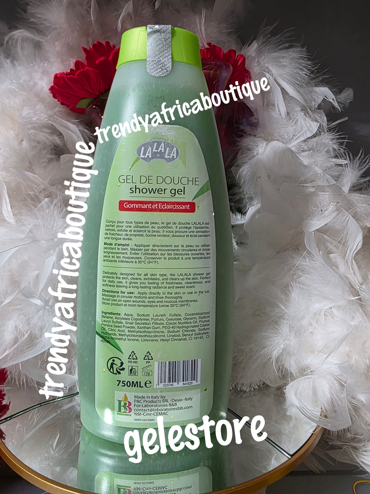 New alert: Lalala shower gel. 7 days results lightens, rejuvenates, & repairs. 750ml x 1. For all skin types.