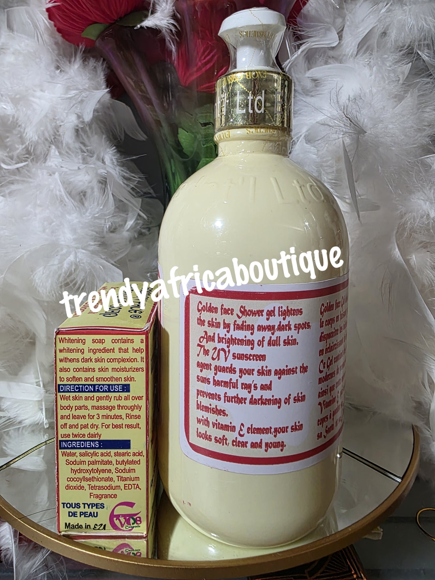x1 Golden face shower gel. And 2 golden face bar soap.Super ecclaircissant anti stains.. triple action satisfaction. Kojic acid & vitamin E