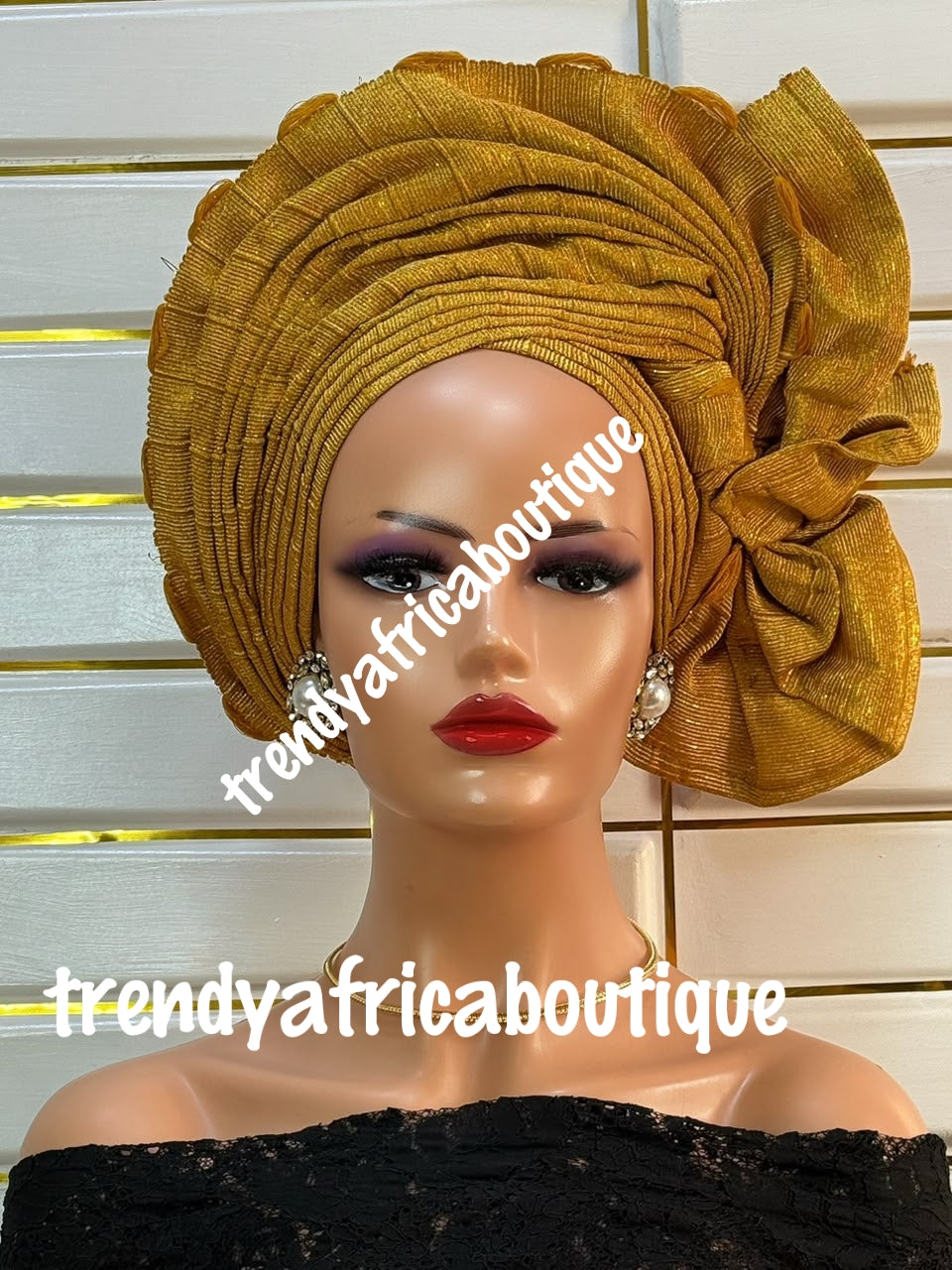 Gold auto-gele Made with Quantity aso-oke . Adult size.