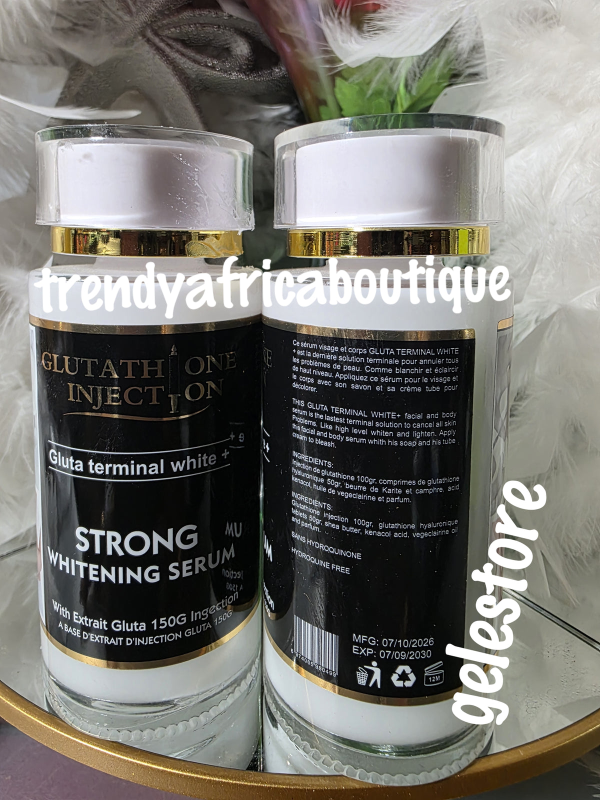 Glutathione whitening serum concentre 120ml bottles. Add to body lotion or shower gel. Use to remove black knuckles