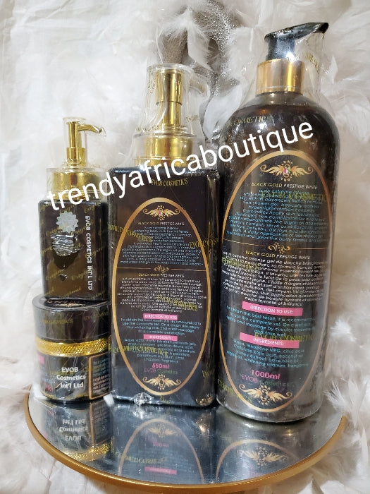 4pc Black Gold prestige set: Body milk 10X Whitenizer Xtreme intense whitening vitamins: lotion 550ml, serum 120ml, shower gel 1000ml, face cream 75g, soften, Unify and illuminate your complexion