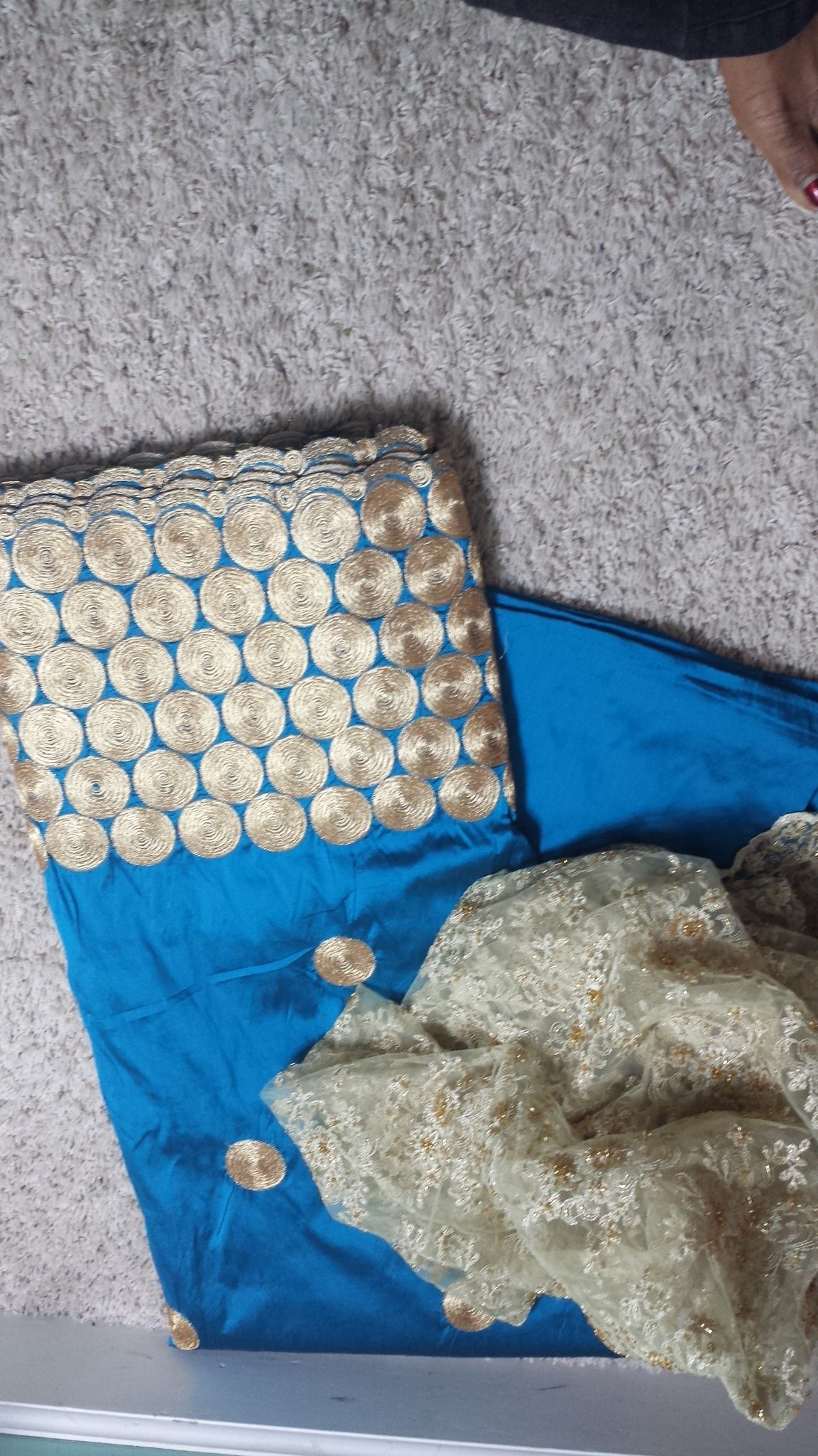 Hot sale! Original quality indian Embroidery Silk George wrapper for Nigerian party dresses. Indian-george. Beautiful turquoise Blue/gold embroidery design. Sold per 5yds. And price is for 5yds. Feel the difference in Quality!!