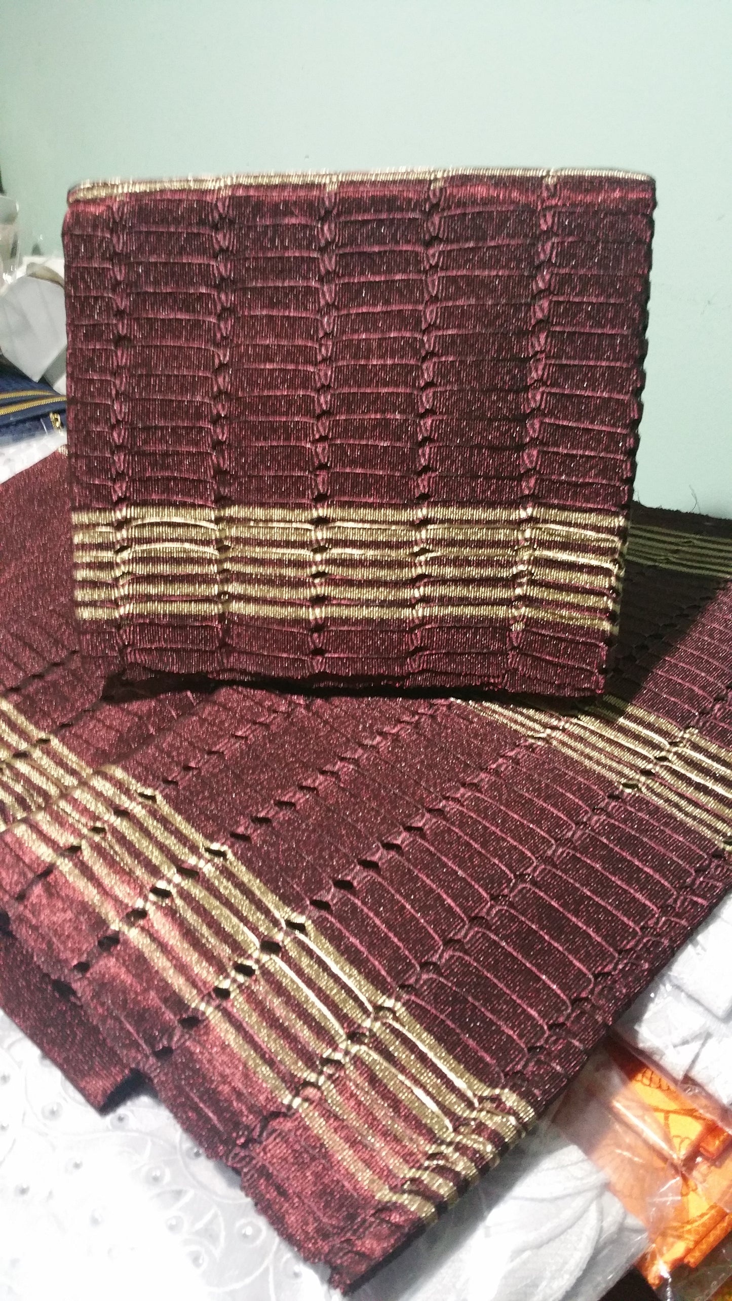 Chocolate/gold 3pcs set Nigerian traditional aso-oke gele set for Nigerian weddings/party. Sold as a set of for $110. Hot sale. Original quality from motherland