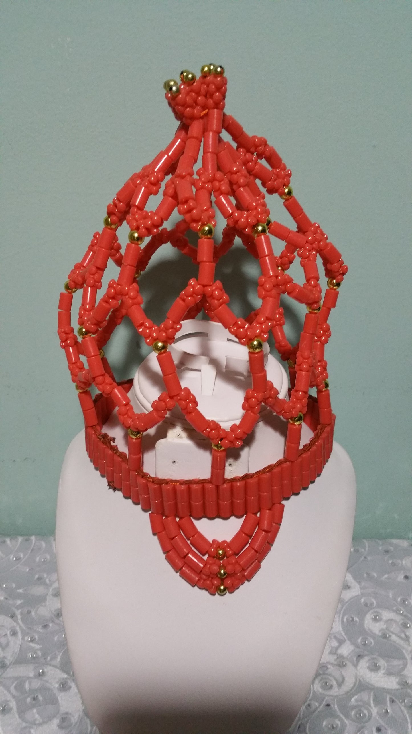 Back in Stock. Edo/African Bride: traditional Coral beads Bridal accessories set. 3pcs set of shawl, head piece and a pair of coral hand gloves. Coral-necklace