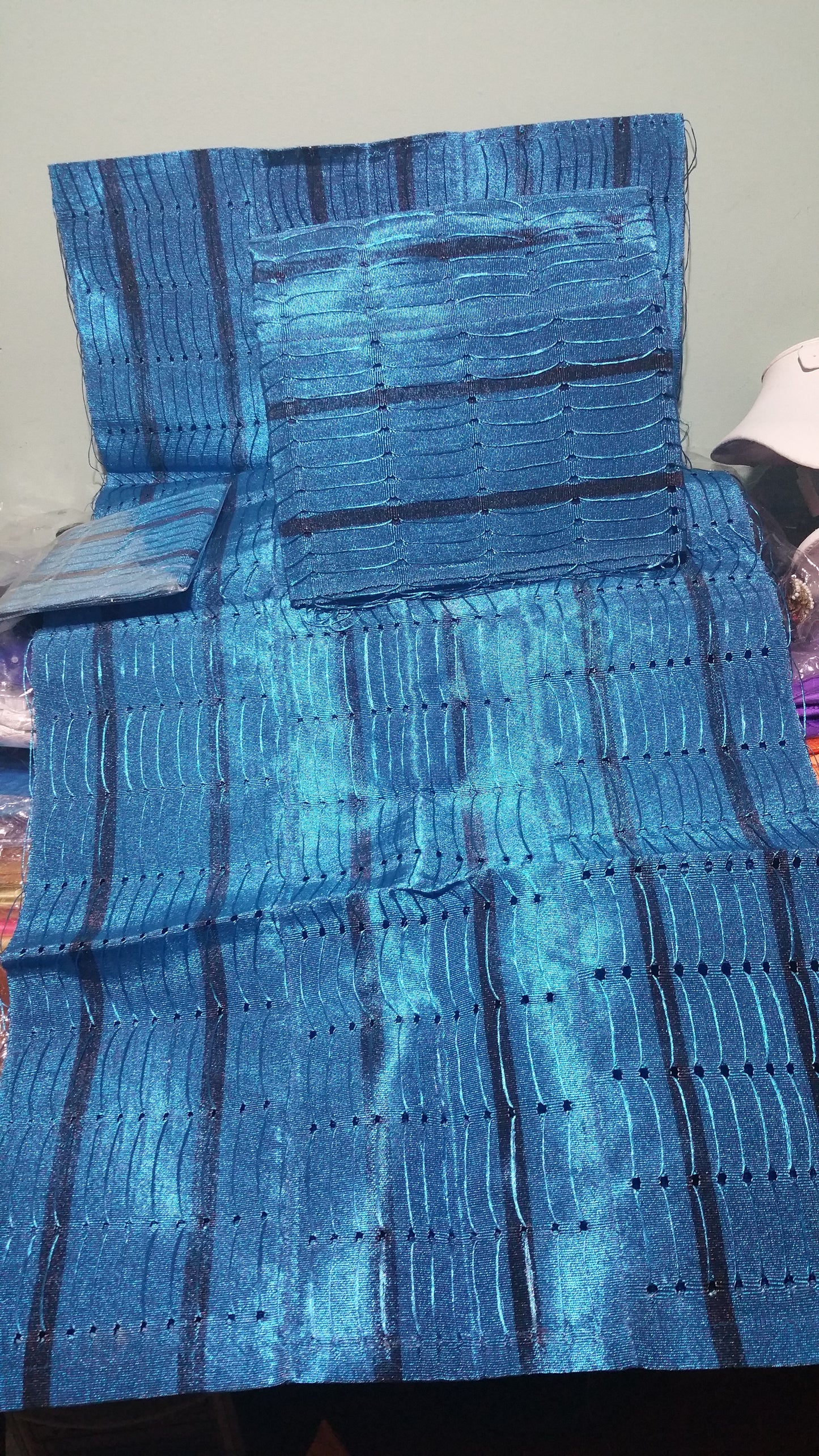 Turquoise blue/navy blue strips Nigerian traditional aso-oke Gele/head tie for party wear. 3pcs set of gele/Ipele/cap piece